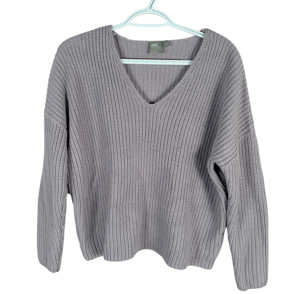 ASOS V-Neck Sweater Women Size 8 Lavender Purple Chunky Shaker Knit Oversized‎